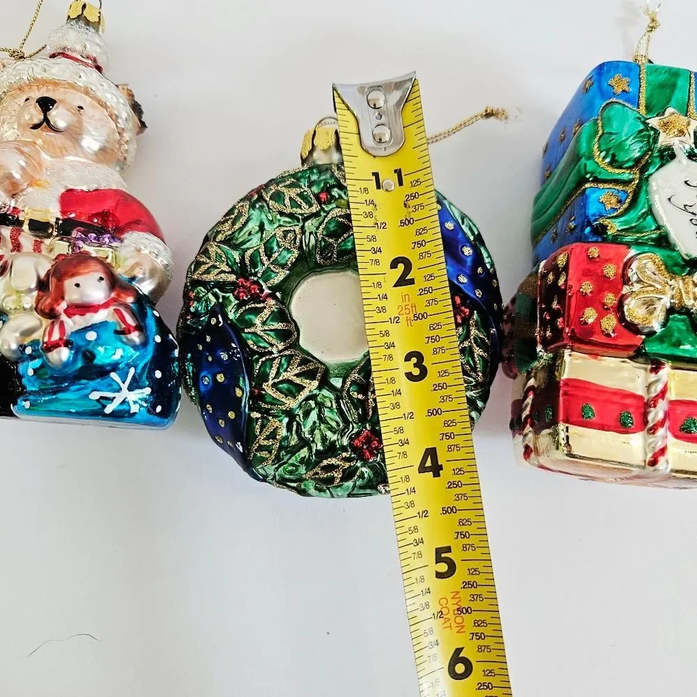Vintage Brass Key Hand-Painted Glass Christmas Ornaments Bear Wreath Gift Stack